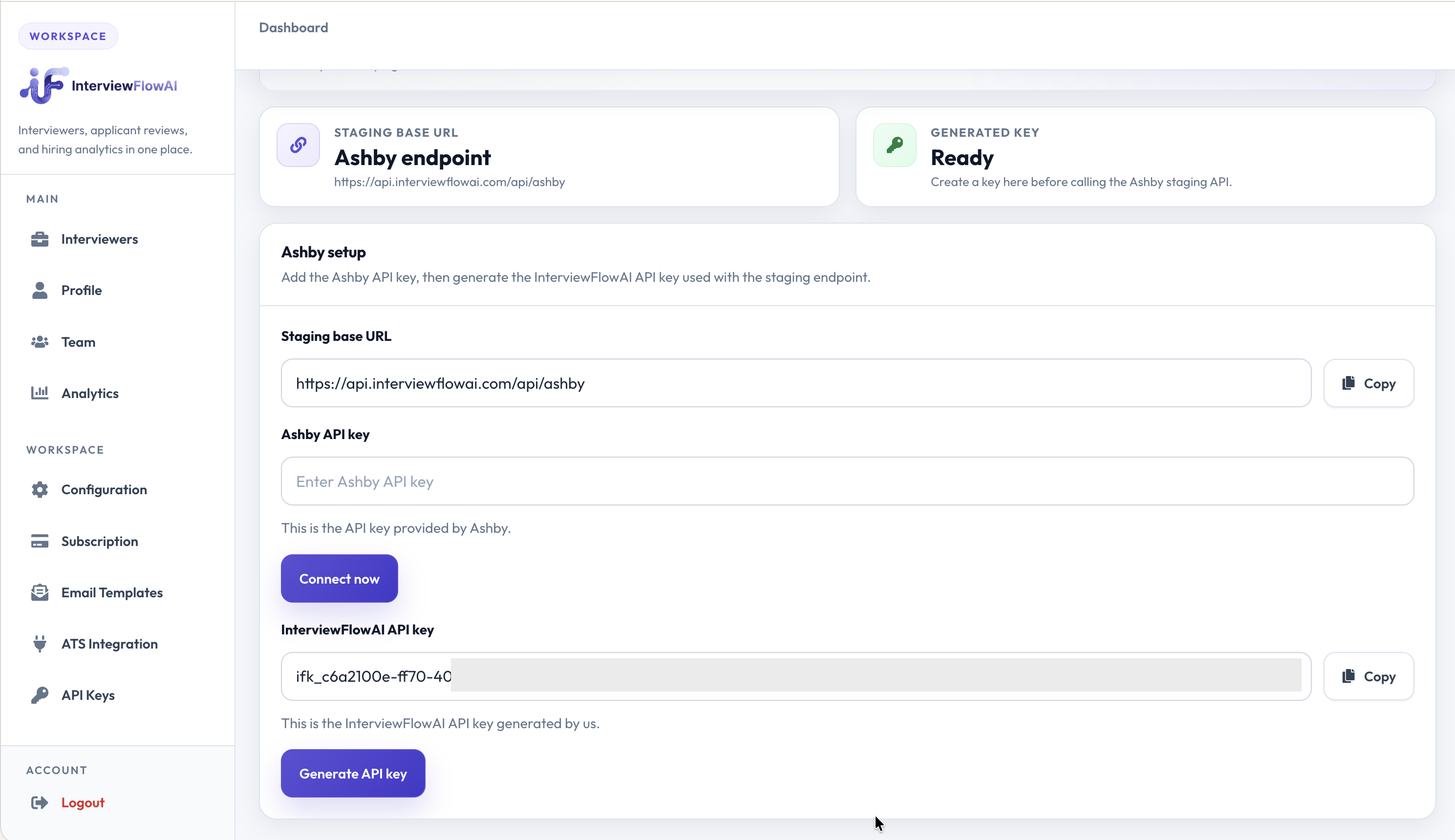 InterviewFlowAI Ashby setup with the API key and Staging Base URL