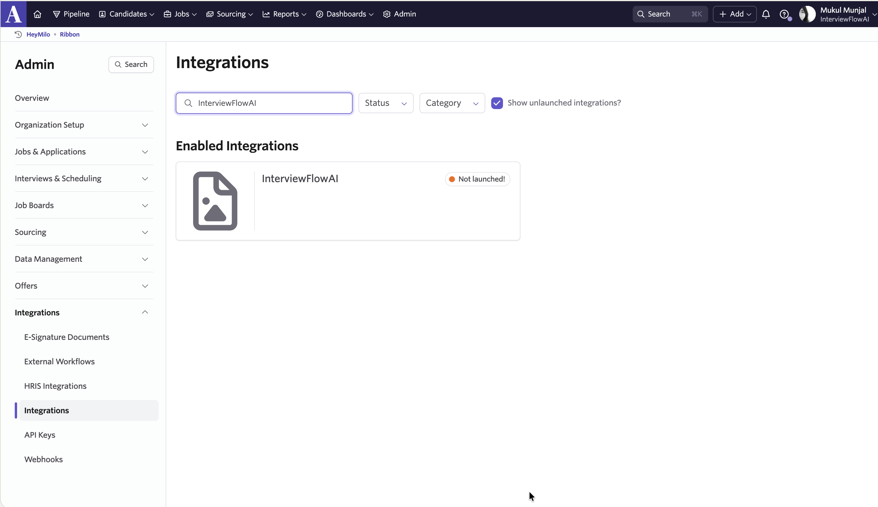 Ashby Admin menu with Integrations