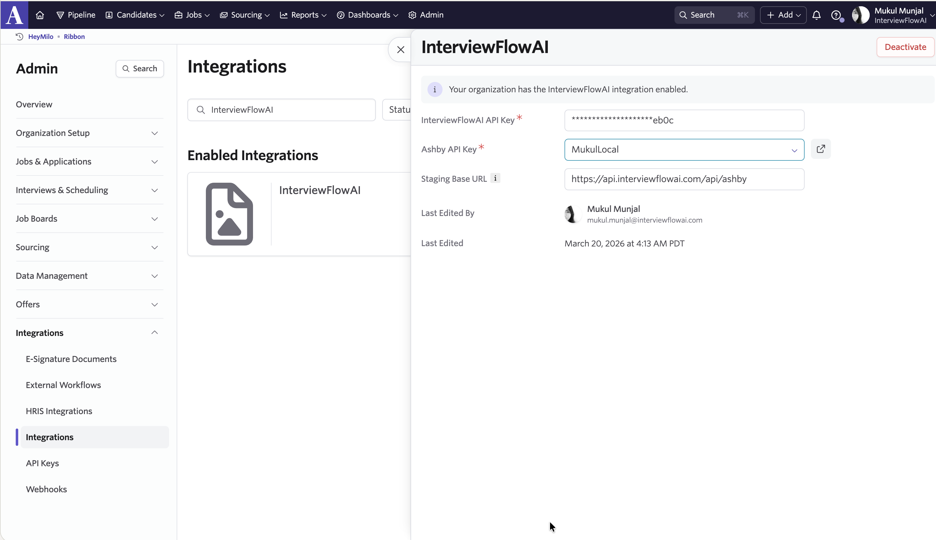 Ashby InterviewFlowAI integration fields for the API key and base URL