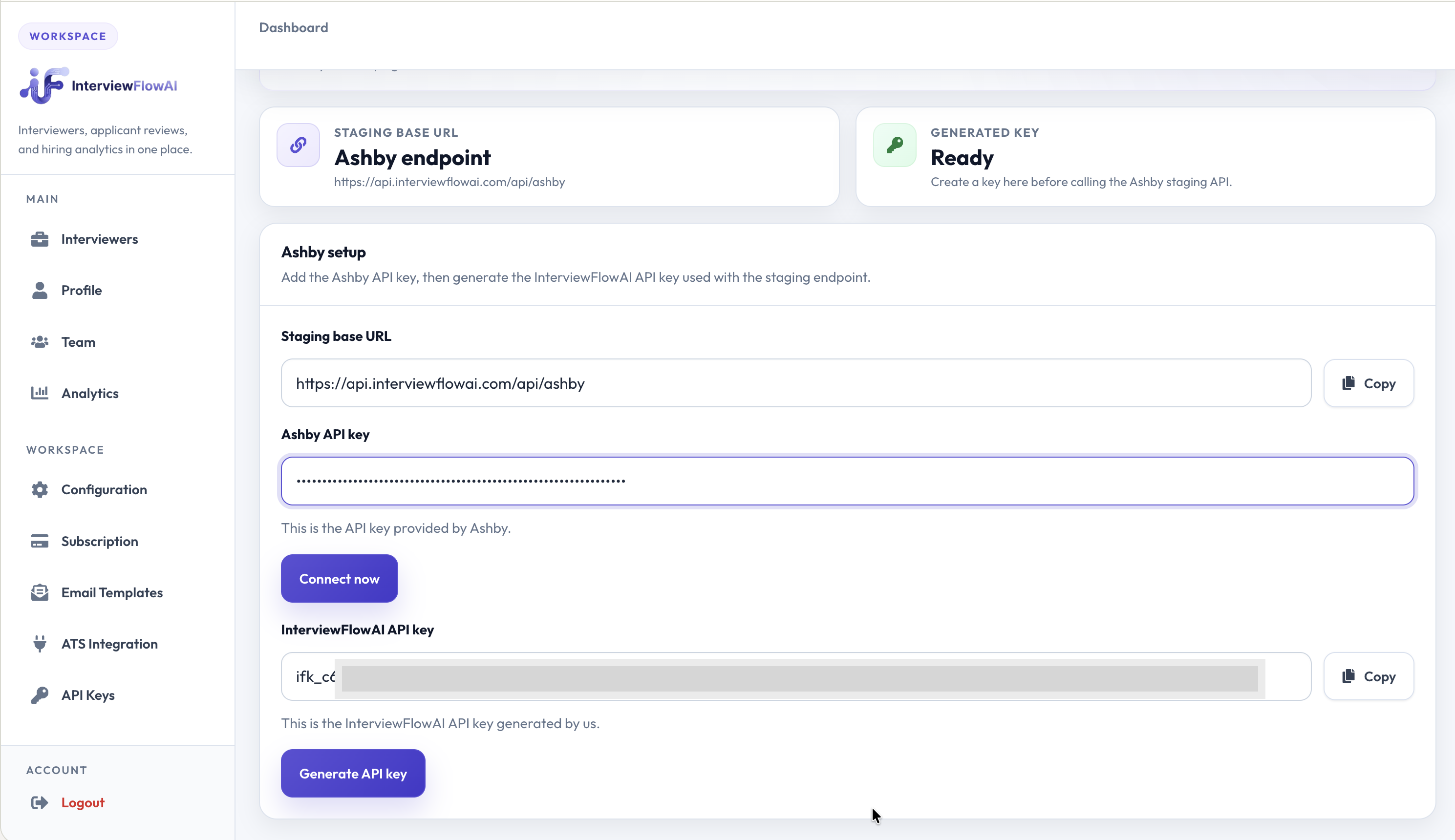 InterviewFlowAI Ashby setup with the Ashby API key field