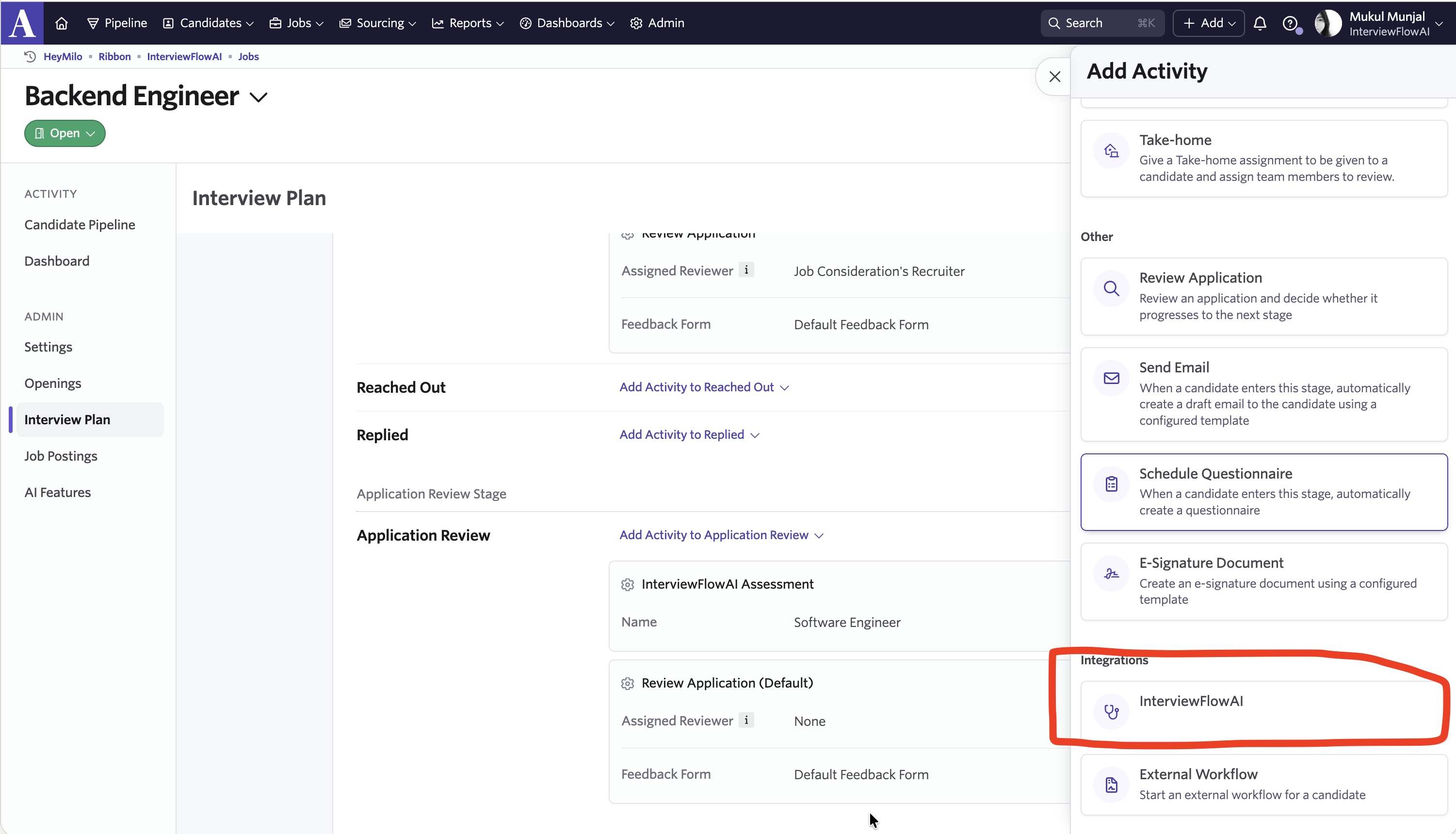 Ashby activity list with InterviewFlowAI under Integrations