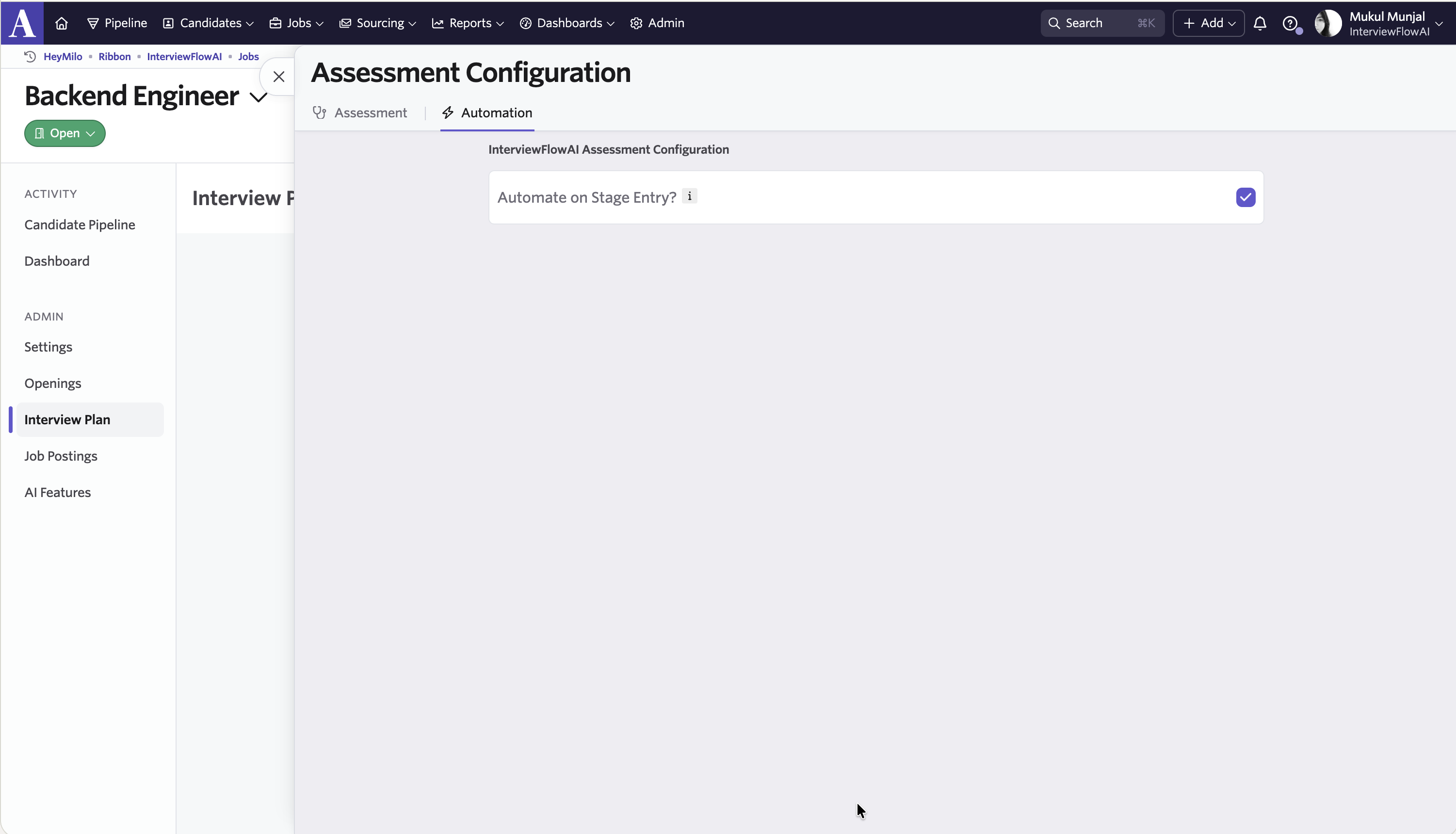 Ashby activity Automation tab