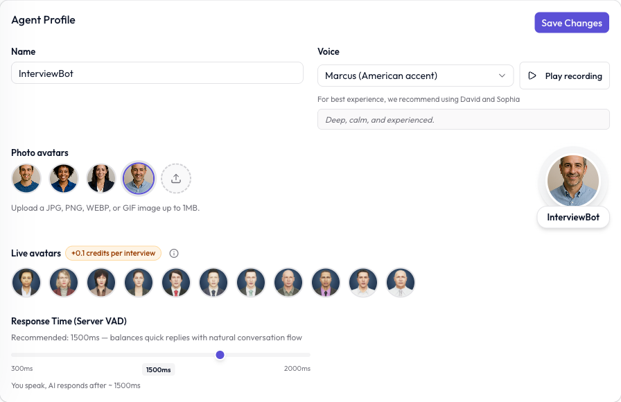 Agent Profile settings with name, voice, photo and live avatars, and response time controls.