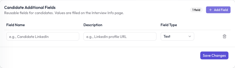 Candidate Additional Fields form with an empty field name, optional description, and Text field type.