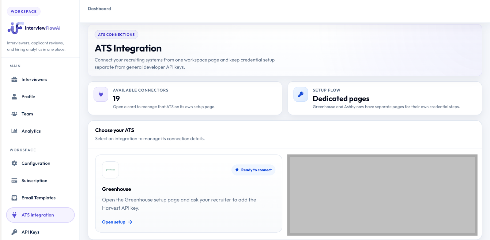 InterviewFlowAI sidebar showing ATS & Integrations