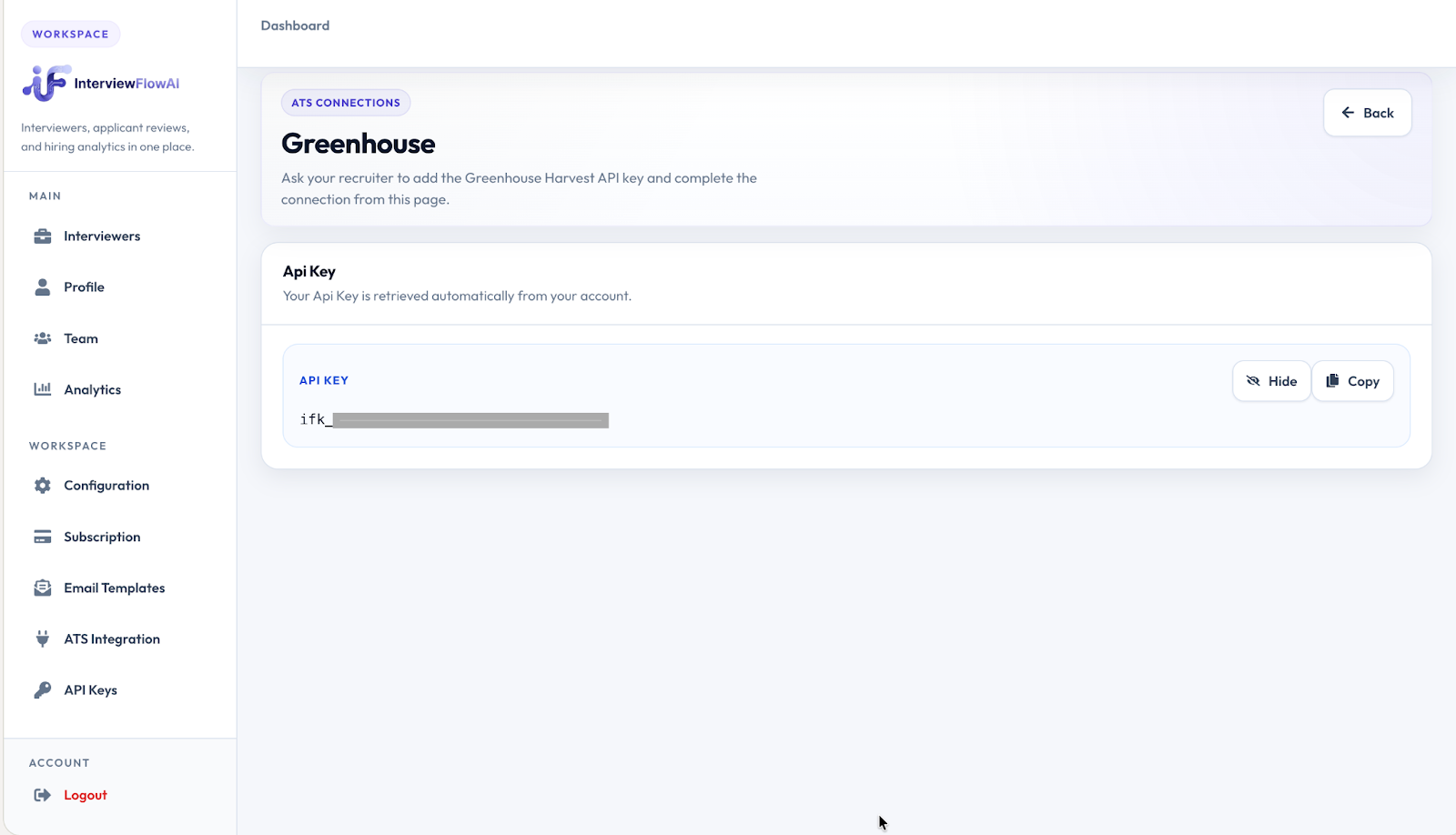 Greenhouse integration card in InterviewFlowAI