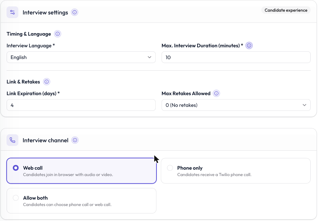 Timing, link, retake, and interview channel settings.