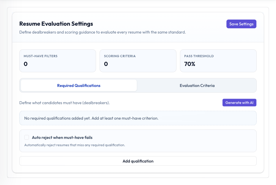 Resume Evaluation Settings showing the Required Qualifications tab, pass threshold, and automatic rejection control.
